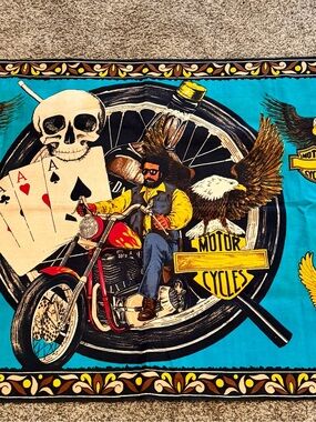 Vintage Motorcycle Skull & Eagle Graphic Tapestry - Turquoise, Yellow, Red